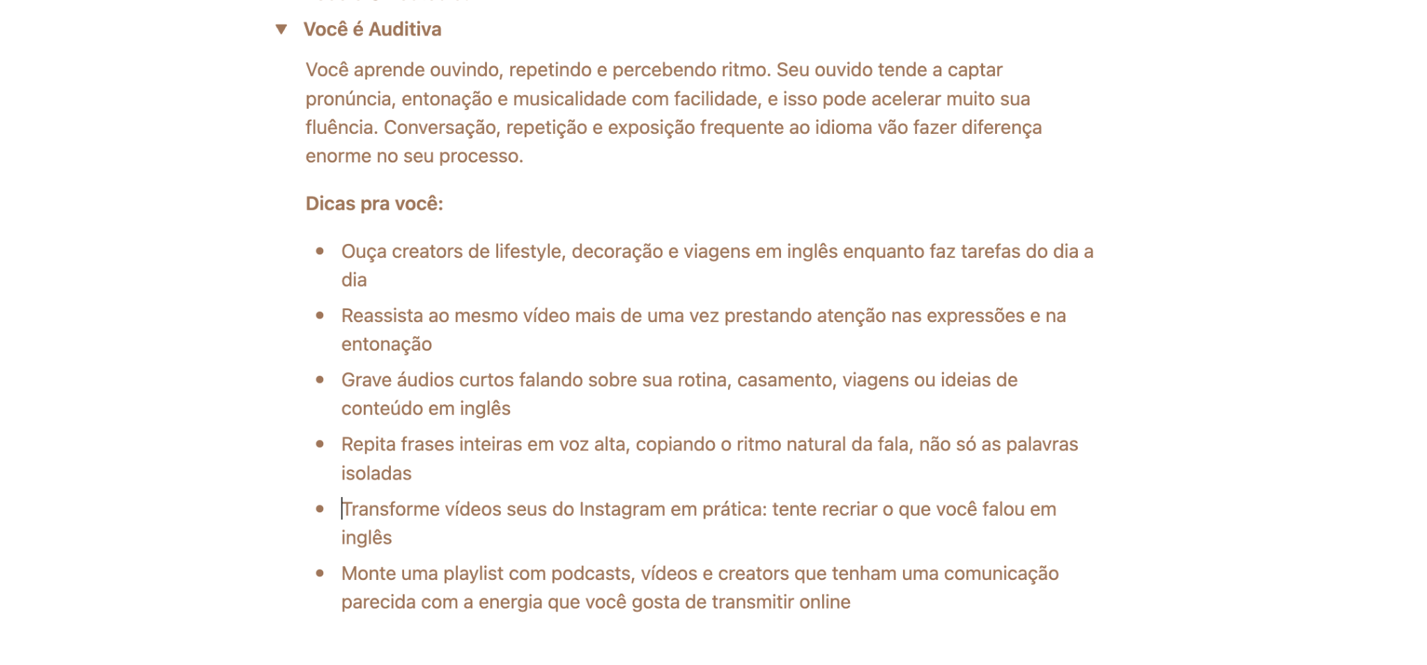 Prévia das dicas personalizadas para uma aluna com preferência de aprendizagem auditiva